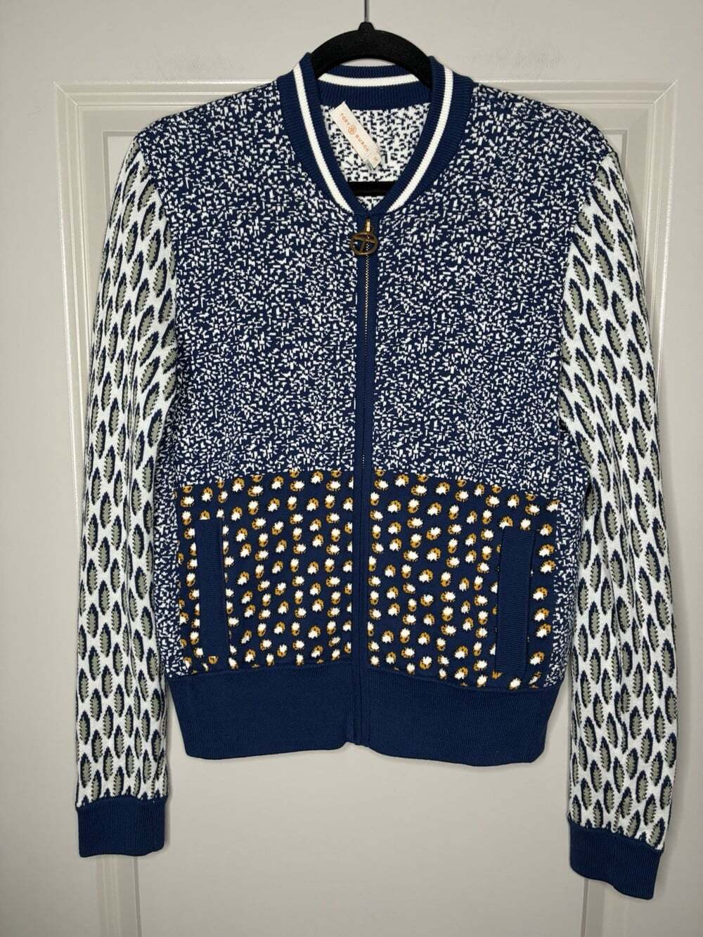 Tory Burch Leah Knitted Cotton Bomber Jacket in Navy Pattern Size Small - Picture 3 of 8